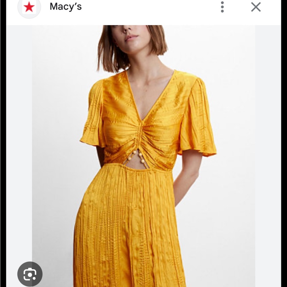 Mango Yellow Ruched V-Neck Midi Dress with Front Cutout